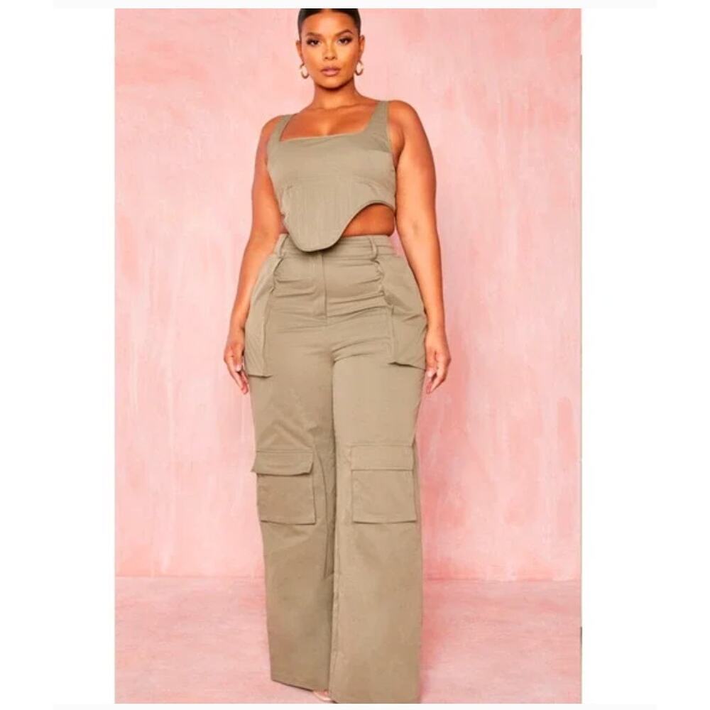 PLT Olive Green Structured Dip Hem Cargo Crop Corset Bustier Sz 14 Y2K Utility